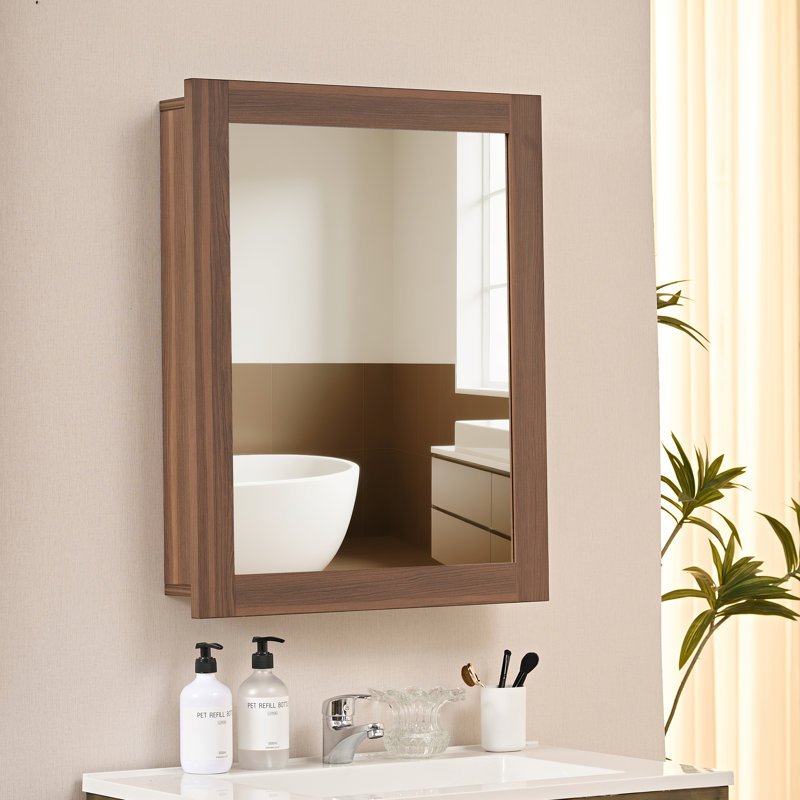 Armoire à pharmacie en bois avec miroir en noyer de 16 po x H 24 po avec tablettes réglables, montage mural ou encastré pour une mise à jour de salle de bain chaleureuse et élégante
