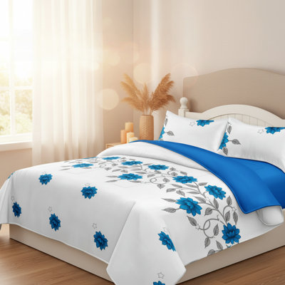 Ensemble de couvre-lit matelassé 3 pièces à motif floral bleu, couvre-lit réversible Vivid Azure Bloom et vigne grise avec 2 taies décoratives, couverture légère toutes saisons, microfibre facile d'entretien pour animaux de compagnie