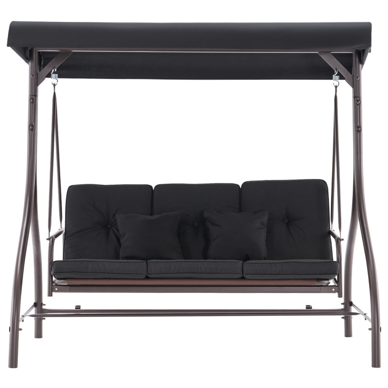 Black 3-Seat Outdoor Patio Swing Chair with Adjustable Backrest
