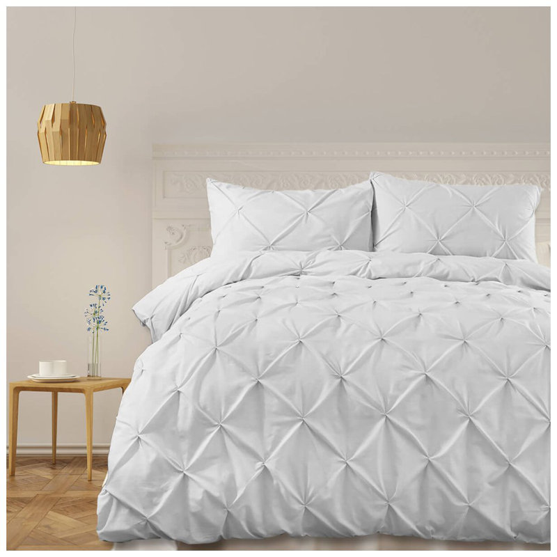 400TC Cotton Pintuck Sateen Solid Duvet Cover Set, Twin Duvet Cover + 2 Shams, White