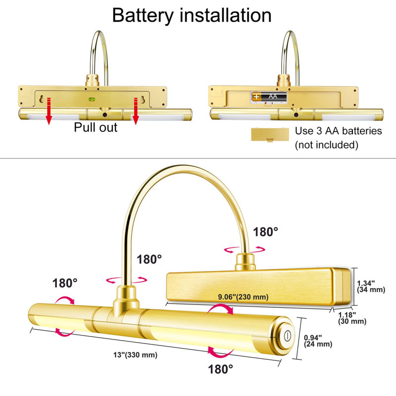 Battery Powered LED Wall Mount Picture Light, 3cm H x 33cm W x 15cm D, Gold