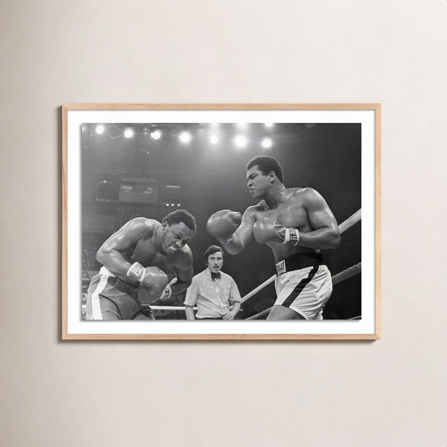Adom "Muhammad Ali Punching Joe Frazier" Print, 18" H x 24" W, White Oak Framed
