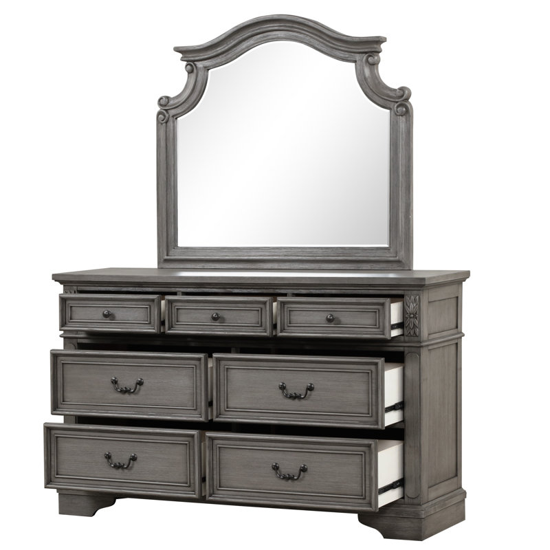 Commode 7 tiroirs de style traditionnel en bois rustique gris