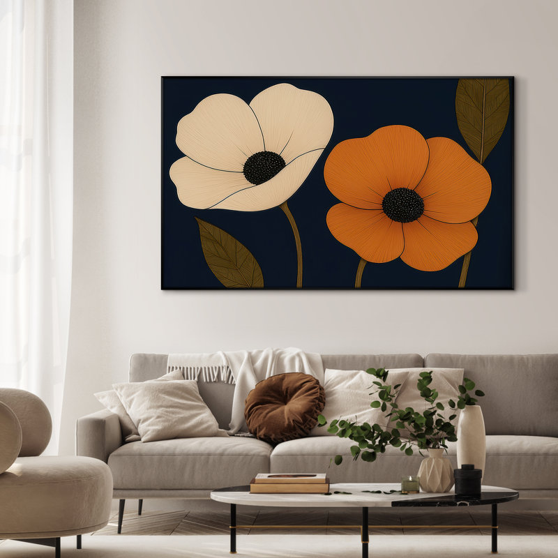Très grande reproduction d'art sur toile - Fleur abstraite neutre moderne pour décor de maison contemporaine pour le salon ou la chambre à coucher - «Assemblage requis du cadre (cadre non fini)»