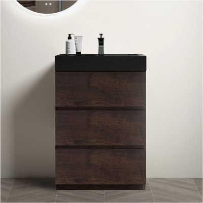 Meuble-lavabo autoportant de 24 po en noyer avec lavabo, grand meuble-lavabo autoportant pour salle de bain moderne, lavabo une pièce noir sans drain ni robinet, pré-assemblé