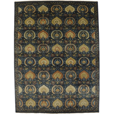 Ikat Hand-Knotted Wool Dark Slate/Cream/Blue Area Rug