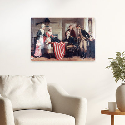 Peinture des années 1770 de Betsy Ross et des premières étoiles et rayures avec George Washington, 1777 par John Ward Dunsmore, paysage urbain rétro rétro classique