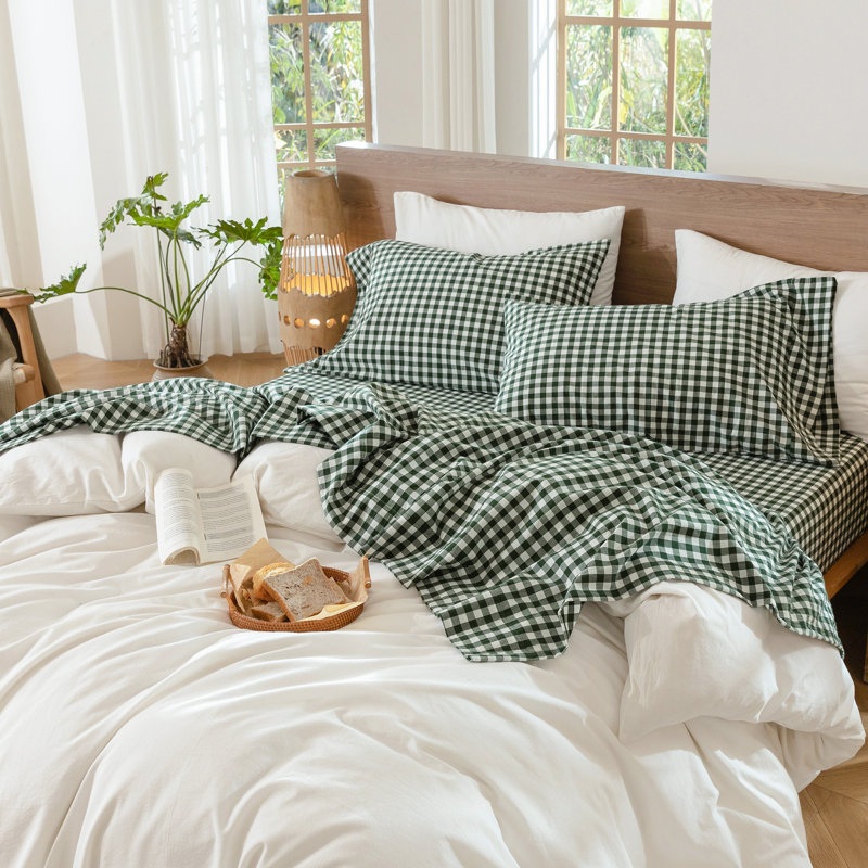 Ensemble de draps 100% coton lavé MooMee, Ensemble de draps pour très grand lit avec 2 taie, Vert forêt
