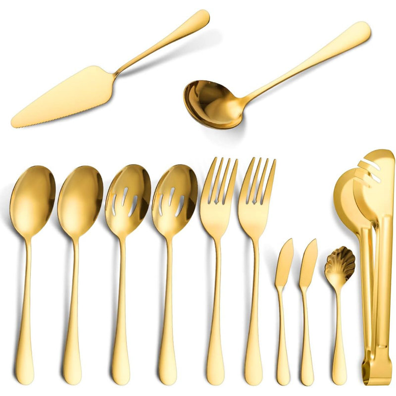 Ensemble d'ustensiles de service de 12 pièces en acier inoxydable - comprend une cuillère à rainure, une fourchette de service, des pinces, une louche à soupe, un service à tarte, un lave-vaisselle pour le buffet, la restauration et un usage domestiq