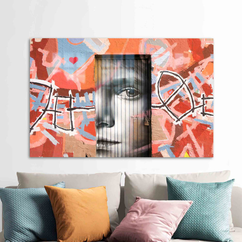 Grand art mural en verre avec art de rue graffiti coloré, idéal pour un café et une maison, H 35,4 po x l 59,1 po