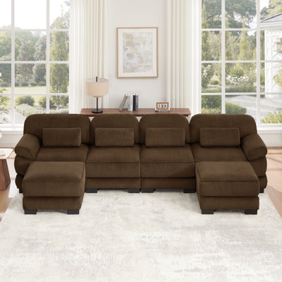Canapé modulaire en forme de U Cloud Couch, canapé 4 places avec 2 repose-pieds, coussins de siège confortables et épais, tissu en velours côtelé respirant, brun pour le salon