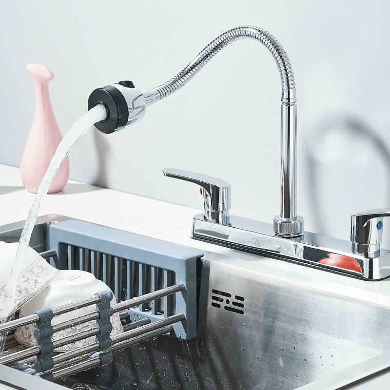 Robinet de cuisine moderne à 2 poignées chromées, robinet d'évier en acier inoxydable pivotant à 360 ° de 8 po de hauteur avec bec flexible