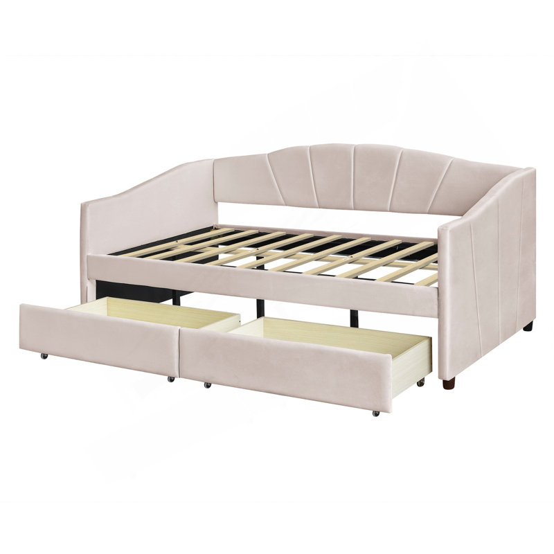 Upholstered Daybed Twin Size With Two Drawers And Wood Slat  ,Beige, Beige