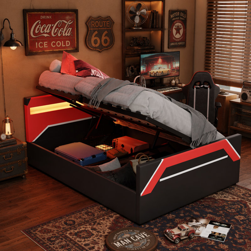 Lit plateforme avec tête de lit à DEL 7 couleurs intégrée, Black+Red