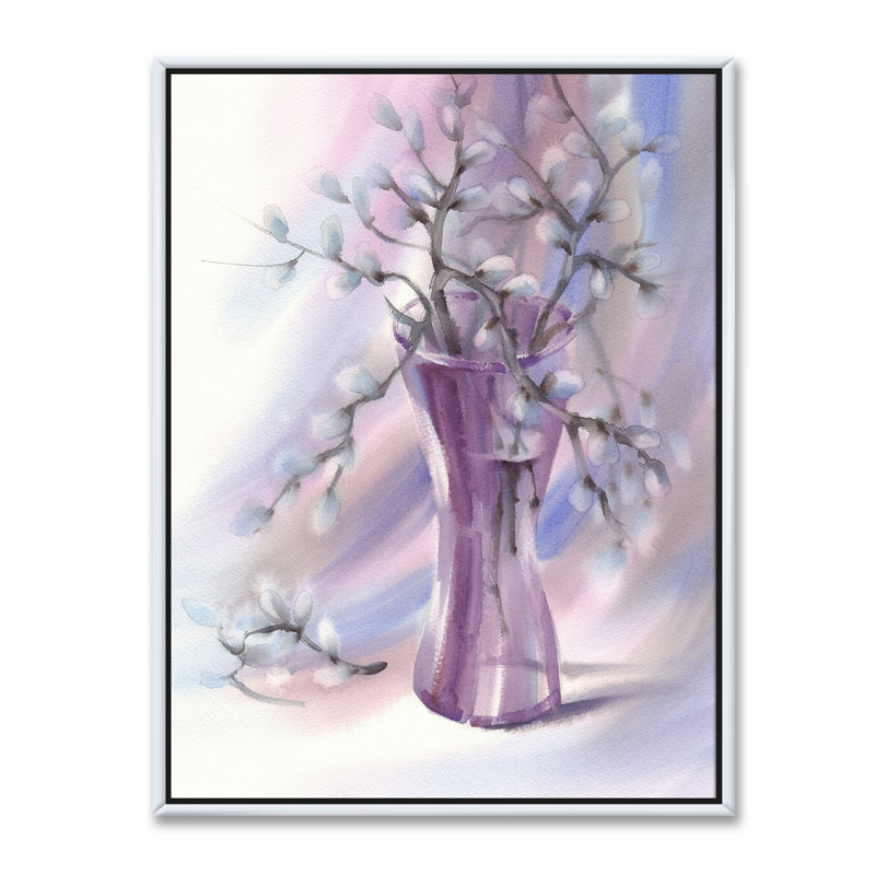 Branches de saule dans un vase en verre violet - reproduction d'art sur toile, H 32 po x l 24 po x P 1 po