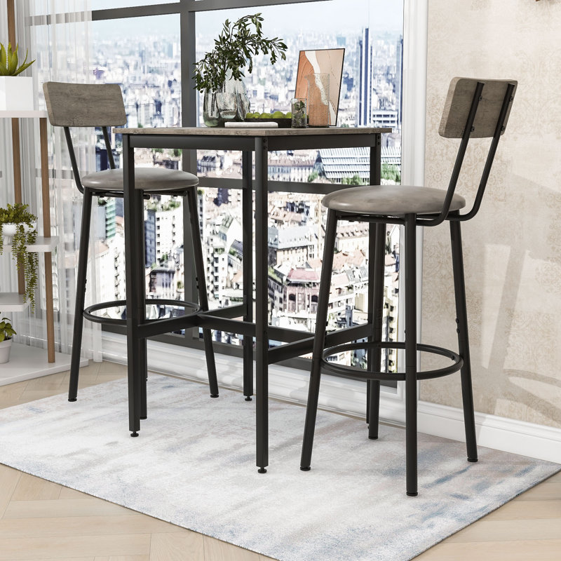 Ensemble de table de bar 3 pièces avec table et 2 tabourets rembourrés en polyuréthane pour économiser de l'espace, Gris