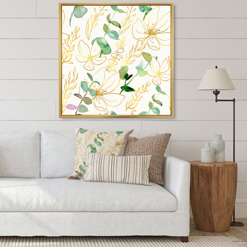 Branches d'eucalyptus jaunes et vertes - Peinture sur toile, H 36 po x l 36 po x P 1 po, Cadre flottant doré