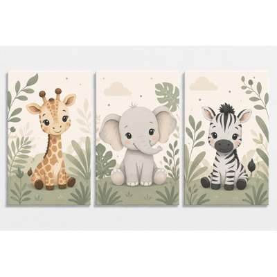 Grand ensemble de 3 reproductions d'art sur toile girafe éléphant zèbre sur toile pépinière, décor de la jungle neutre, reproduction de toile de chambre de bébé 16 x 24 pouces - prêt à être accroché