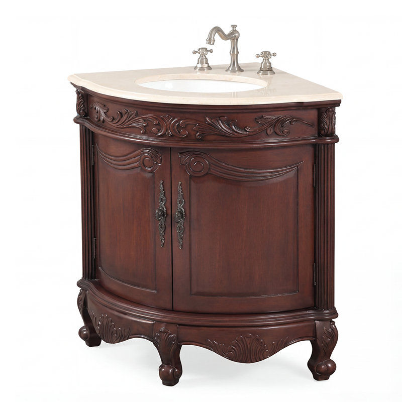 Meuble-lavabo d'angle Bayview traditionnel autoportant de 61 cm (24 pouces) en noyer brun, lavabo simple, dessus en marbre crème, entièrement assemblé, collection Benton