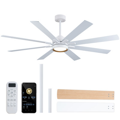65 in. 8-Blade White / Wood Ceiling Fan with LED Light, Remote and APP Control, Two-Toned Blade, DC Motor
