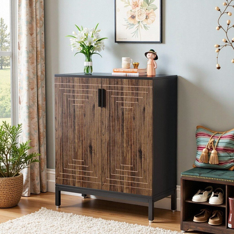 Geometric Shoe Cabinet Entryway Storage With 5 Adjustable Tiers, Brown+Black
