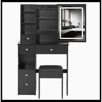 29.2" Small Size Left Drawer Desktop Vanity Table + Cushioned Stool, Large Sliding, Touch Control, Tri-Color Switching, Brightness Adjust LED Mirror, High Capacity Storage, Suitable For Small Space