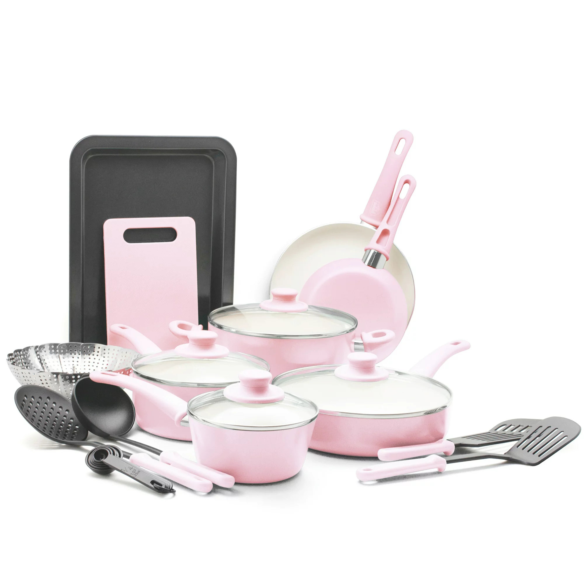 Healthy Non-Toxic Nonstick Cookware Sets - Soft Grip 23-Piece Cookware Set in Pink - by GreenLife