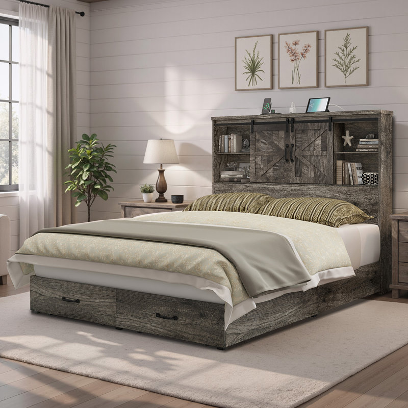 Tryston Sherell Wooden Bookcase Full Bed Frame, Rustic Grey, Rustic Grey, Full
