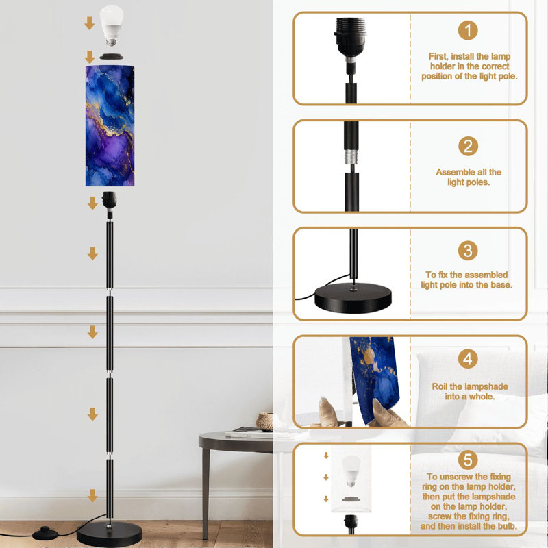 Lampe sur pied en fausse pierre de marbre bleue, veines de paillettes dorées, abstrait, sur pied, à intensité variable, moderne, avec télécommande, interrupteur au pied, abat-jour, abat-jour haut, lampe de coin pour le salon, la chambre et le bureau