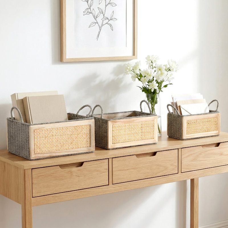 Wood Woven Decorative and Functional Light Brown Storage Basket with Gray Rope Accents Set