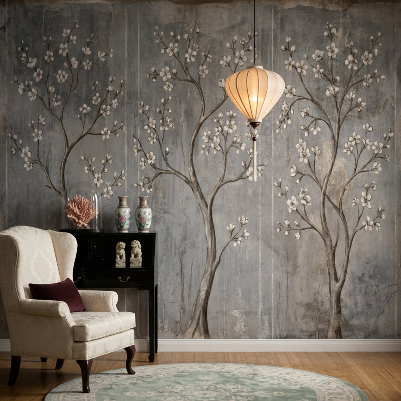 Papier peint branches florales en plâtre délavé gris, Texturé non collé, 160 po x 108 po