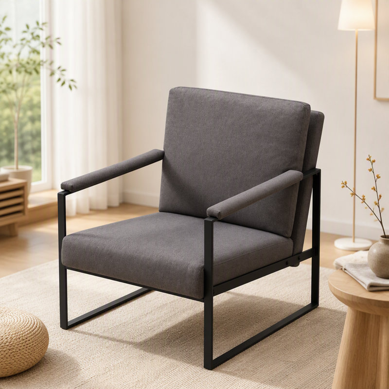 Metal Frame Accent Chair, Armchair with High-Density Foam Cushion, Removable Washable Back Cover, Grey Fabric, Grey