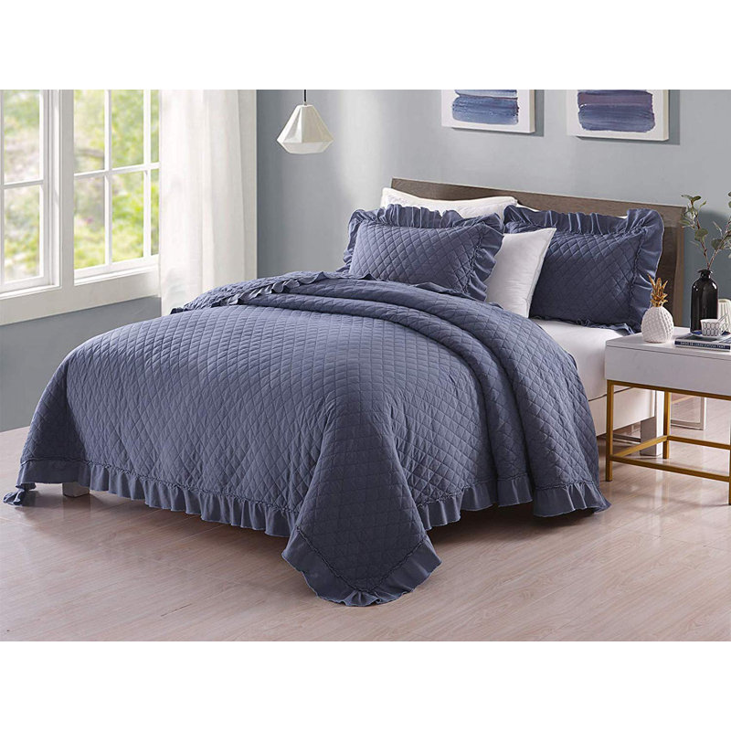 Ensemble de courtepointe en microfibre Fabre, Courtepointe grande + 2 taies décoratives, Bleu marine