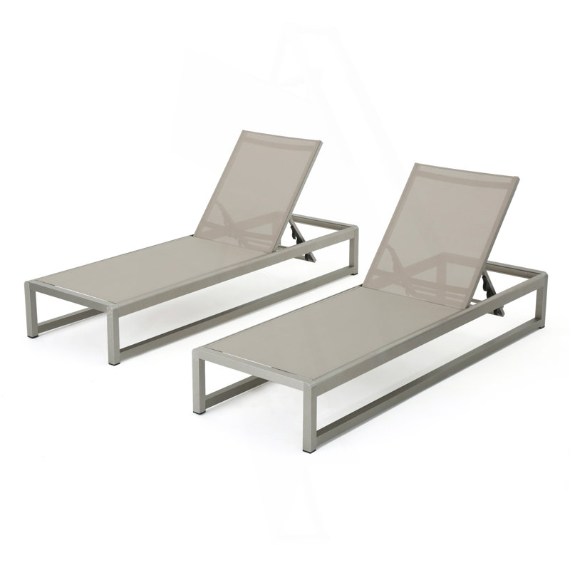 Outdoor Chaise Lounge Set Of 2 With Adjustable Aluminum Frame And PVC-coated polyester Mesh Seating In Grey, Gray