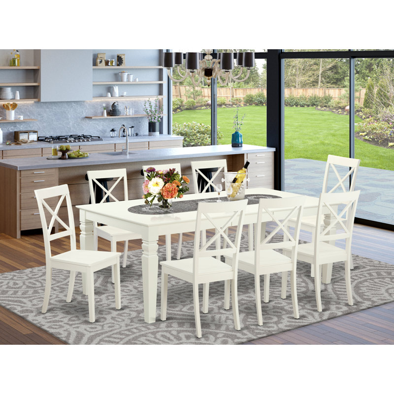 9 Piece Kitchen Table & Chairs Set Includes a Rectangle Dining Table with Butterfly Leaf and 8 Dining Room Chairs, Linen White