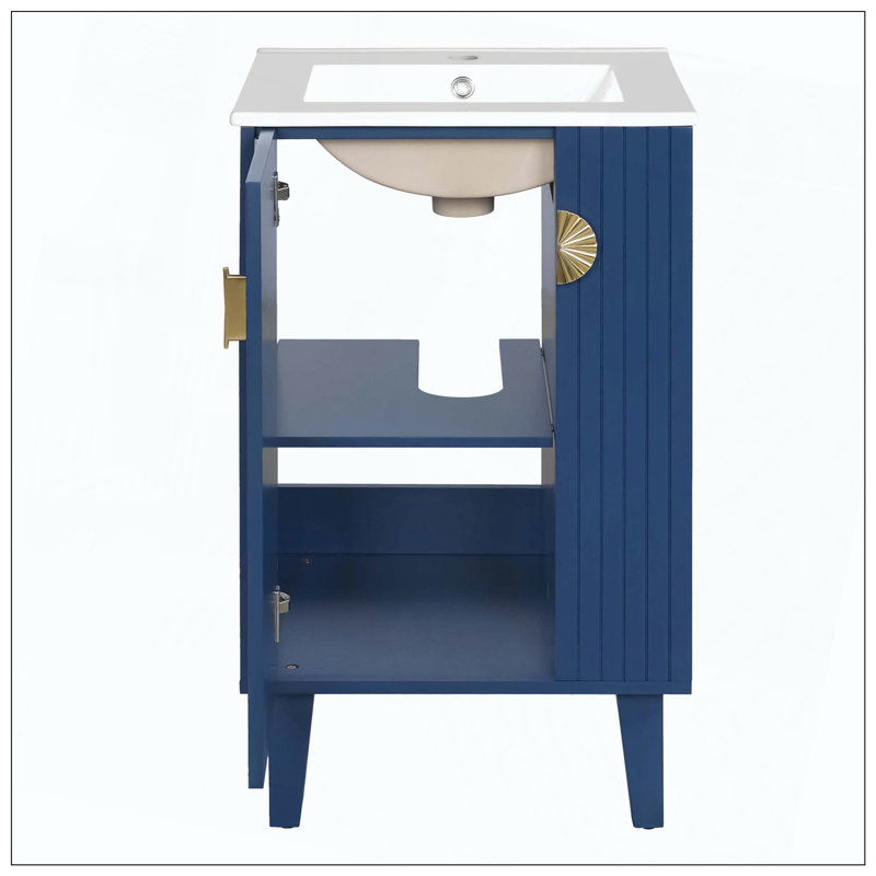 Meuble-lavabo autoportant de style français avec poignées de porte à fermeture en douceur, Bleu