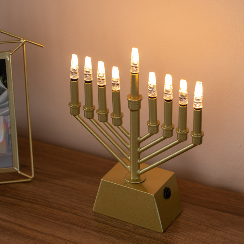  Wall Mount 9-branch Hanukkah Menorah With Led Candles Illuminated Display Contemporary Decorative Accent Judaica Centerpiece And Meaningful Gift For Hanukkah Celebrations, V-shape Gold