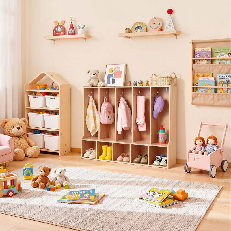 Casier à 5 sections pour enfants, rangement en bois pour tout-petits avec 10 crochets et tapis antidérapant, casiers pour enfants modernes avec 5 petites boîtes de rangement ouvertes pour la maison, la maternelle, la garderie, naturel