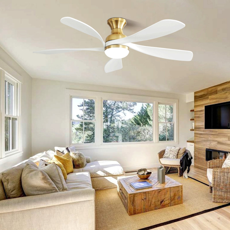 Ventilateur de plafond 52 pouces avec 3 lumières à DEL à intensité variable réversible et silencieuse, Doré, Blanc