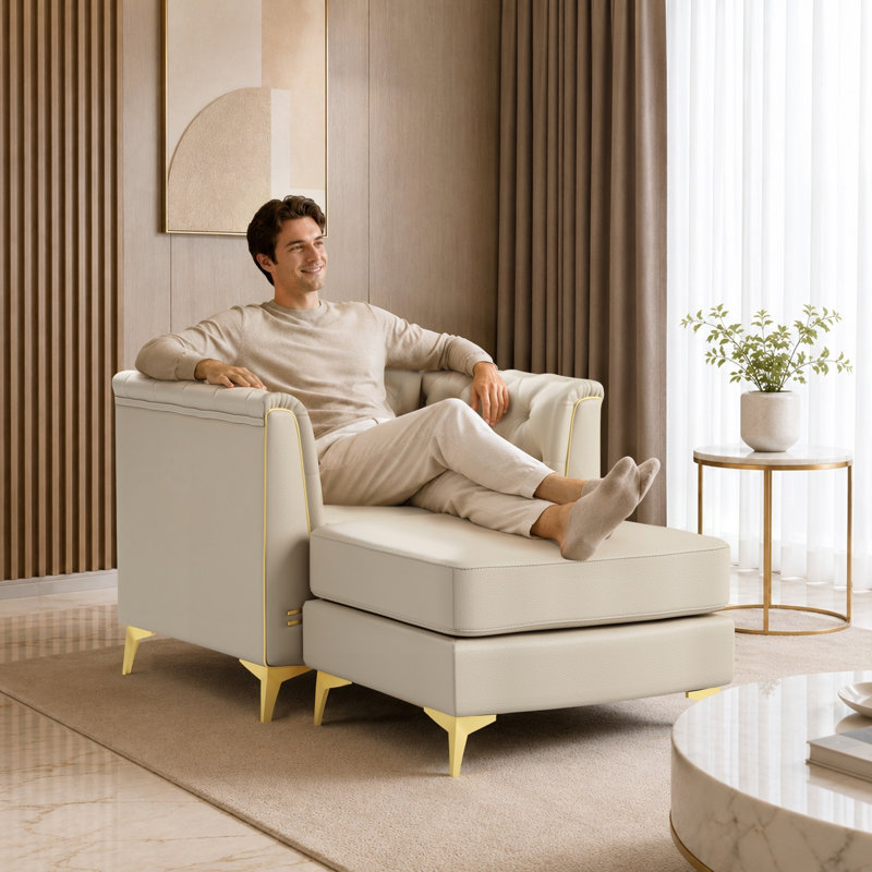 Canapé modulaire Chesterfield avec similicuir capitonné à boutons et repose-pieds