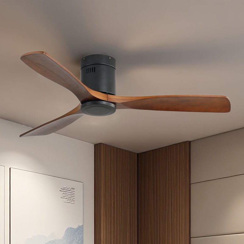 AuraVista 52 in. Flush Mount Ceiling Fan with Reversible DC Motor and Remote Control, Matte Black / Walnut