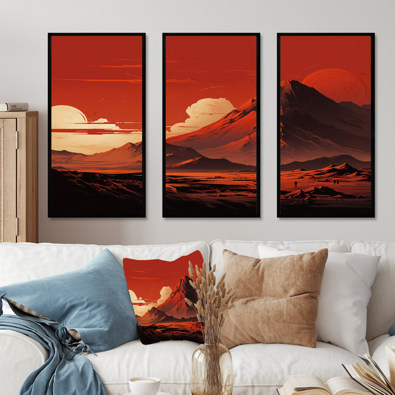 Ensemble de décorations murales volcaniques rouges et grises II, H 28 po x l 36 po x P 1 po, Cadre flottant noir