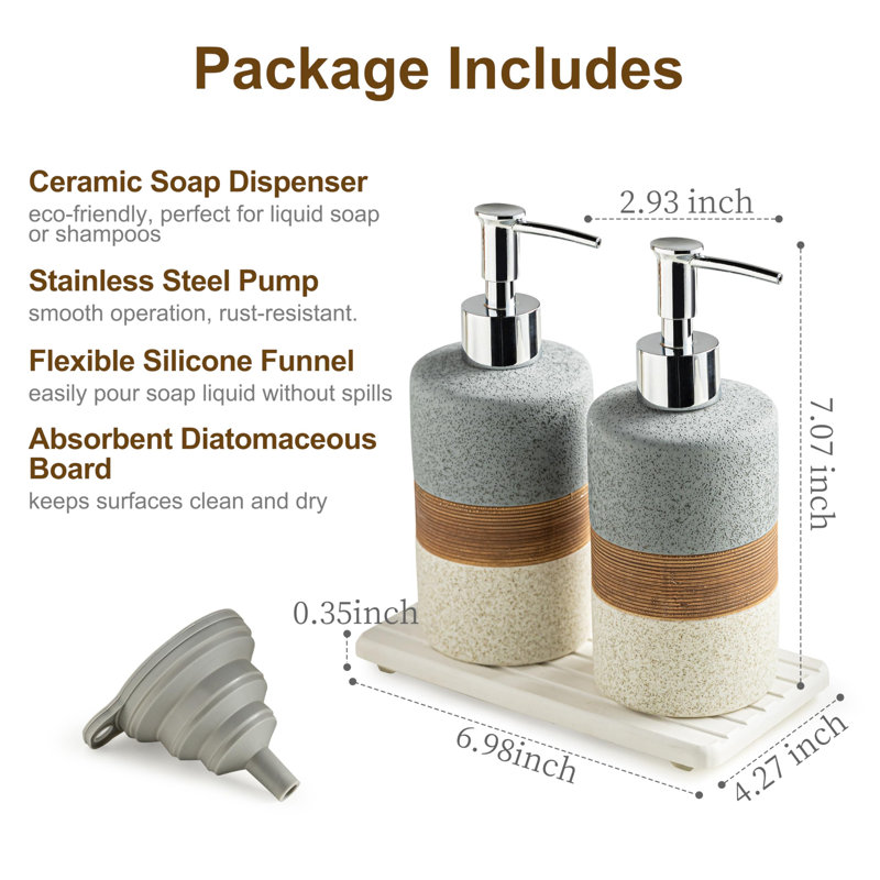 Ensemble de distributeurs de savon à vaisselle en céramique (paquet de 2), distributeur de savon à main, à vaisselle, de douche pour évier de cuisine et salle de bain, comprend une pompe en acier inoxydable, un entonnoir en silicone et un support à 