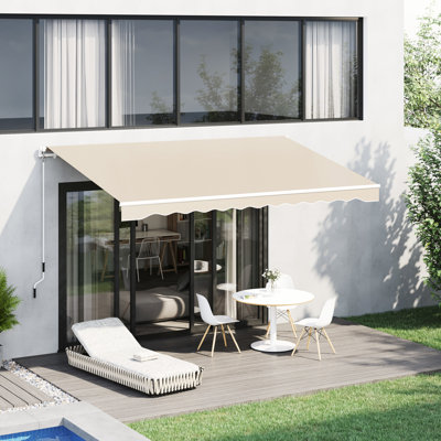 Auvent de patio beige 13 pi x 8 pi. , Cadre en aluminium, manivelle manuelle pour terrasse, balcon, auvent de couverture de jardin 8 pi. Et résistance à l'eau. Fonctionné. Cadre A captivant