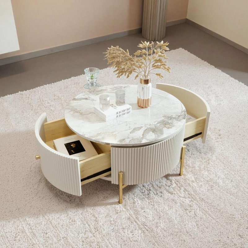  Table basse avec rangement Baadur, Marbre blanc, Blanc