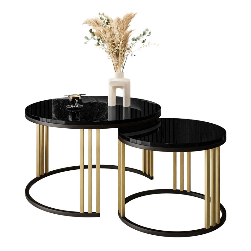 Downey 2 Piece Coffee Table, Black/Gold, High-gloss Black