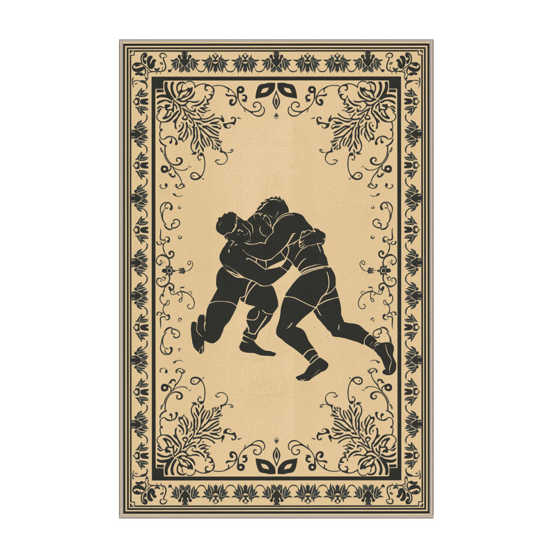 Tapis oriental classique brun et beige lavable à la machine Rayan Wrestling Greco, 2 x 3