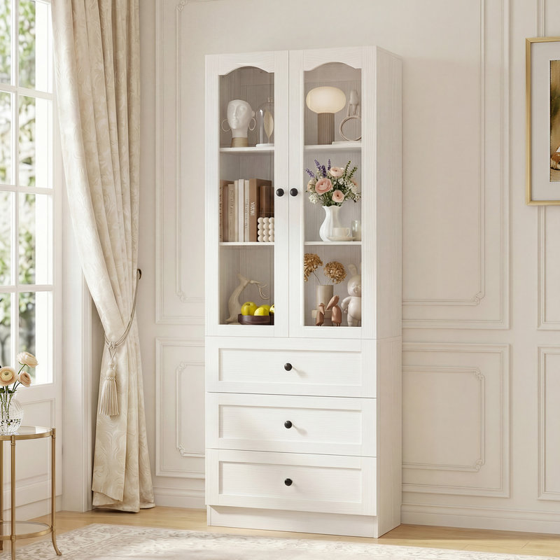 Armoire avec tiroirs en bois, armoire avec porte en verre, White