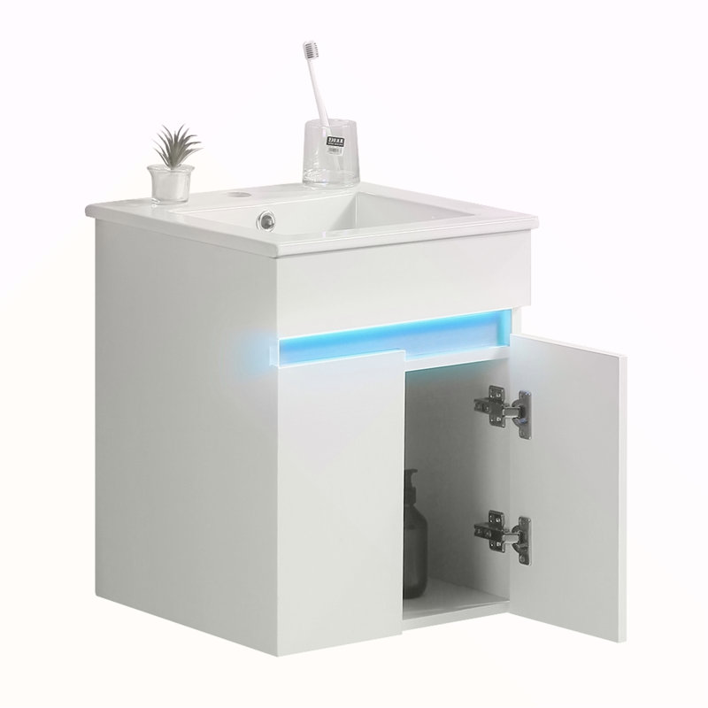 Meuble-lavabo mural de 16 po avec lavabo, lumière à détection de radars, rangement pour petits espaces, meuble-lavabo mural blanc