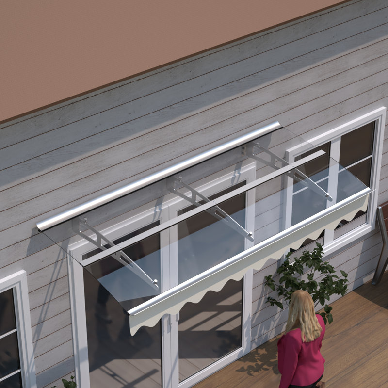 79" X 34" Window Awnings Door Entrance Canopy, Aluminum Alloy Bracket, 0.137 Inch Thick Crystal Solid Polycarbonate Sheet With Valance For Wooden Wall House (Clear Transparent Roof)
